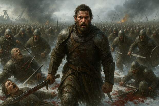 Сцена последнего боя Евпатия Коловрата. Заснеженная степь, кровь на снегу. Малый отряд рязанских воинов, закованных в кольчуги, стоит против десятков тысяч монголов. Впереди — Евпатий Коловрат с мечом, израненный, но несломленный, его глаза горят вызовом.