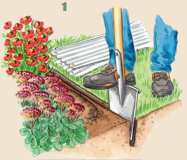 1. Увлажните почву и выкопайте вдоль цветника траншею. Теперь тщательно удалите все выступающие за обозначенную границу посадки корни растений.