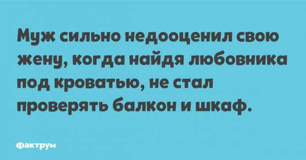 Муж сильно недооценил свою жену, кода найдя любовника под кроватью, не стал проверять балкон и шкаф. Прикол про жену и её любовников