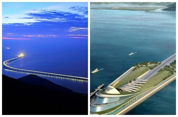Мост переходит в самый длинный в мире подводный тоннель (Мост Гонконг – Чжухай – Макао (Китай).