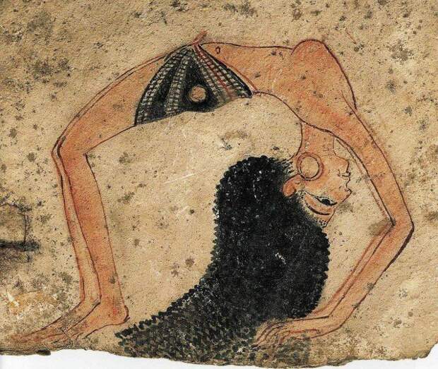А вот это уже полуобнаженная акробатка-танцовщица Расписанный остракон – обломок глиняной посуды. XIV в. до н.э. Новое царство древний египет, интересно, история