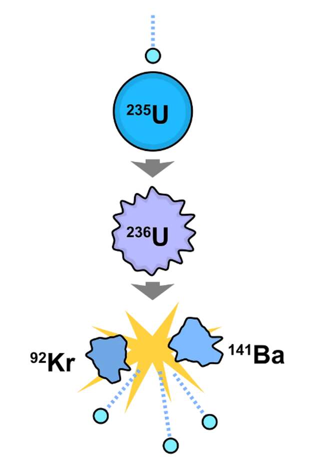 Реакция ядерного деления, запускаемая поглощением нейтрона ядром урана-235 (Источник: Wikimedia Commons)
