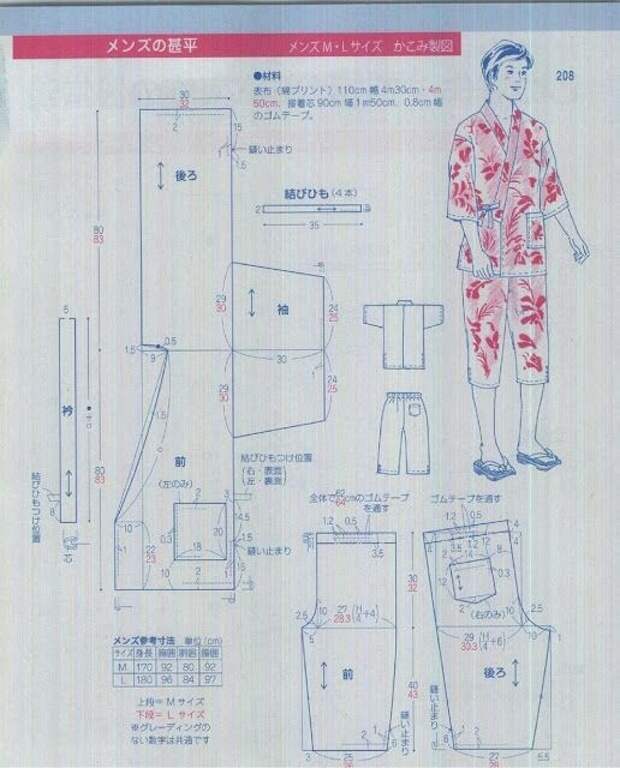 выкройка мужской детской и женской пижамы в стиле кимоно