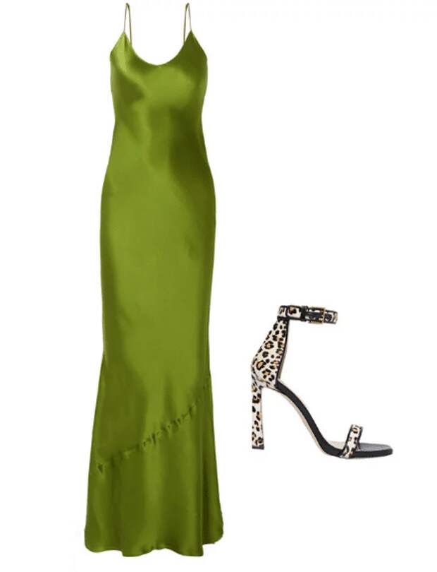 Зеленое платье и леопардовые туфли