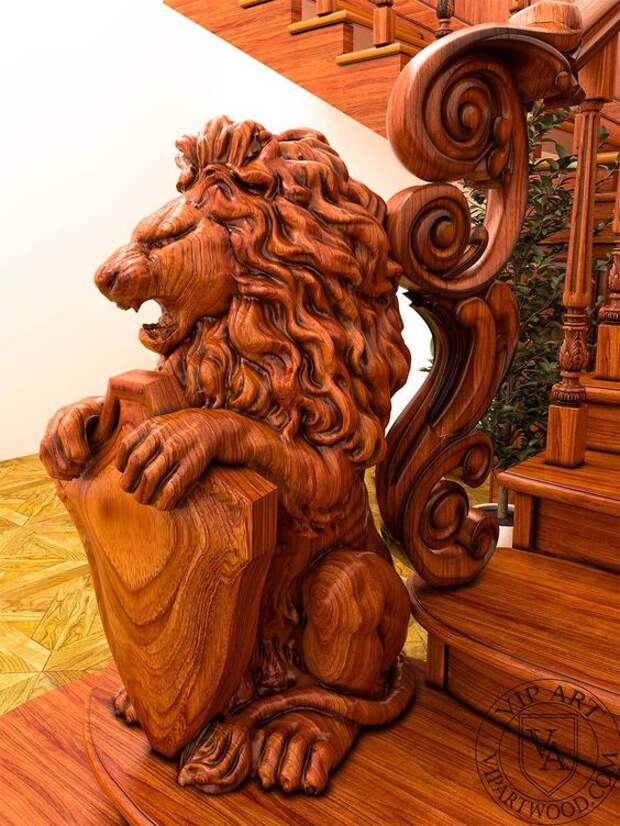Заходной столп лестницы украшен деревянной фигурой льва.