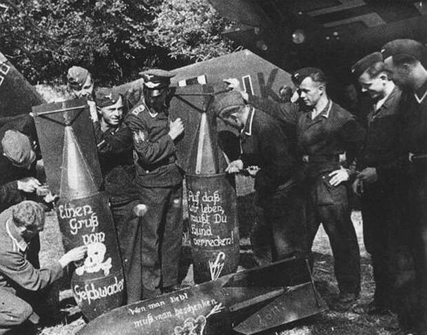 Luftwaffe ground crews chalk greetings on bombs Summer 1940