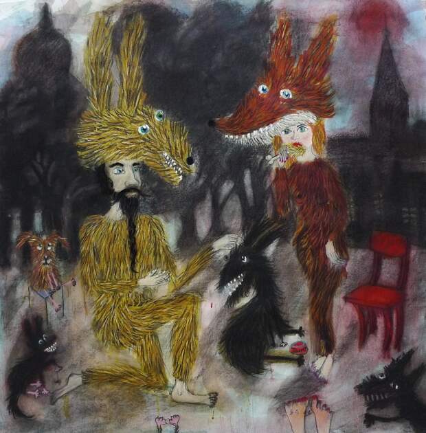 Mr-Hare-and-His-Pet-Dogs-Sid-Clarence-and-Porky-Conte-on-Paper-80-x-80-cm-2015.jpg
