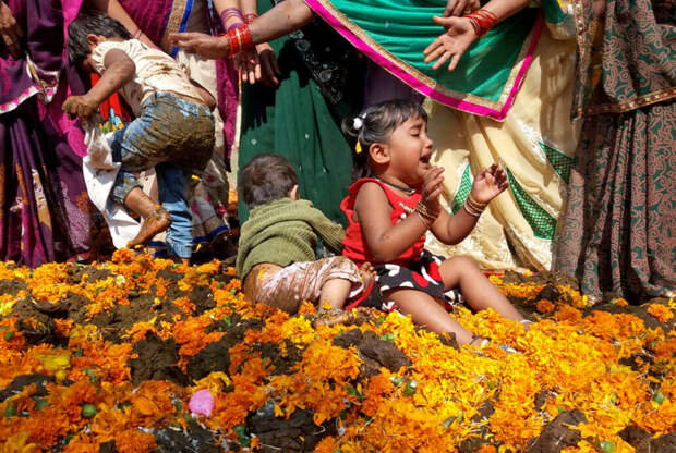 Индийский ритуал удачи: родители бросают детей в навоз