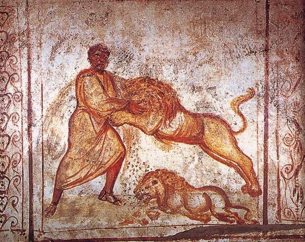 Самсон и Лев. Роспись стен, гр. 350-400. Катакомбы Виа Латина, Рим.