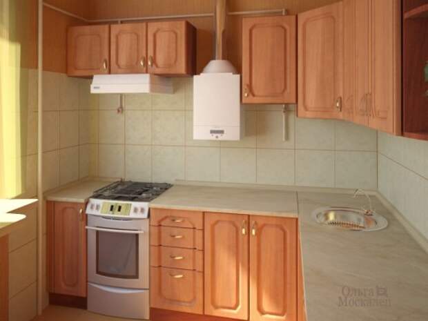 Центральное размещение газовой колонки на кухне не особо хорошо смотрится, зато обеспечивает безопасную эксплуатацию прибора