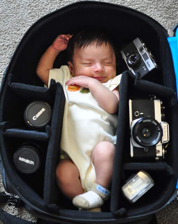 Фотографы снимают своих крошек детей в фотосумках