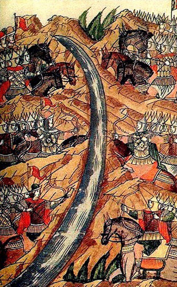 Стояние на Угре. 1480. Миниатюра летописного свода XVI в.