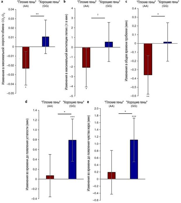 Рис. 3. Результаты первого эксперимента. Усы показывают стандартные отклонения, звездочки над отдельными столбиками указывают на достоверность изменения параметра между первым и вторым испытанием (до и после сообщения о генотипе), а звездочки над горизонтальной чертой на каждом из графиков указывают на достоверность различия между группами, которым сообщали о наличии у них «плохих» или «хороших» генов. Рисунок из обсуждаемой статьи в Nature Human Behaviour