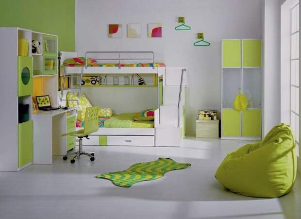 современный дизайн интерьера детской спальни в светло-зелёном цветовом решении