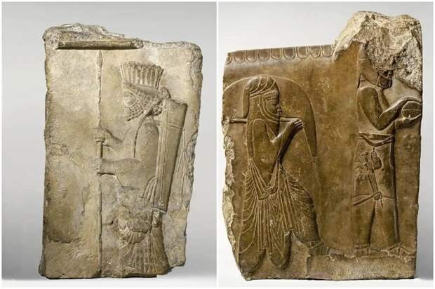 Слева направо: Рельеф, изображающий персидского гвардейца, Ахемениды, VI-V века до н.э. \ Рельеф, изображающий двух слуг с едой и питьём, Ахемениды, 358-338 гг. до н.э.