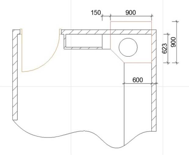 План угловой кухни с вентиляционным коробом