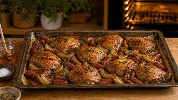 Всего 45 минут: рецепт курицы, запеченной с ревенем и красным луком