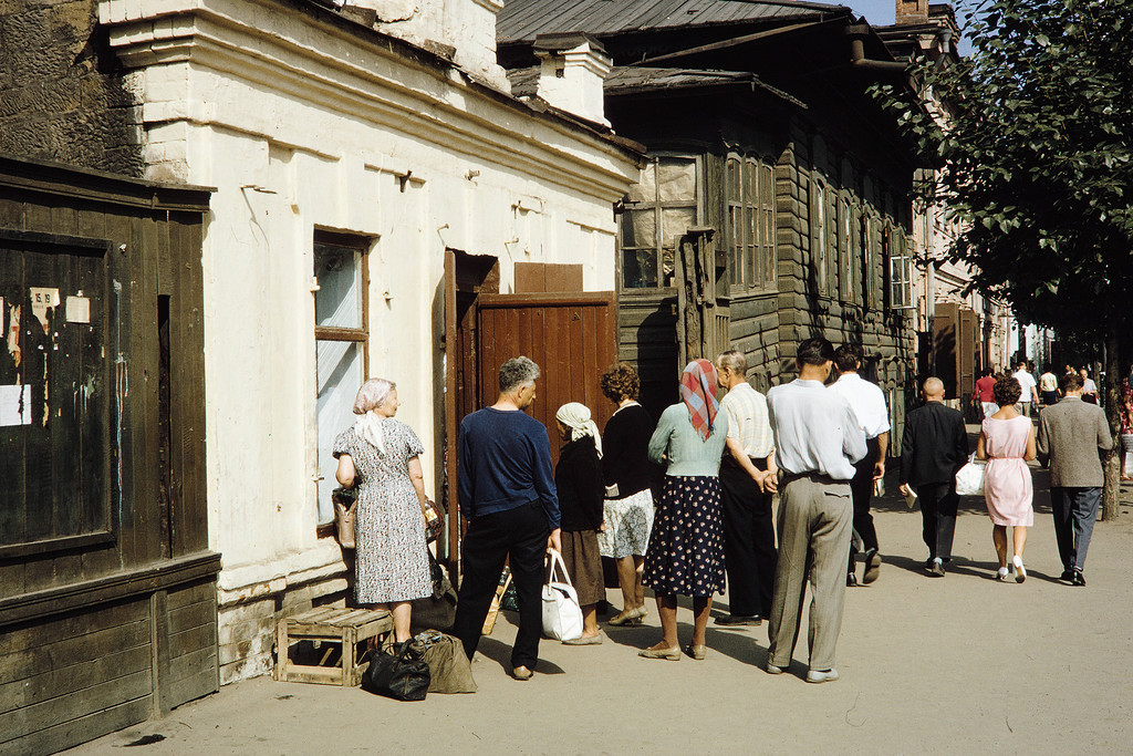Russia, people standing in line at Irkutsk shop for milk Russia, people standing in line at Irkutsk shop for milk