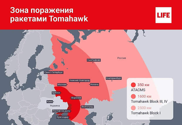 Зона поражения территории России ракетами Tomahawk. Фото © Инфографика Life.ru.