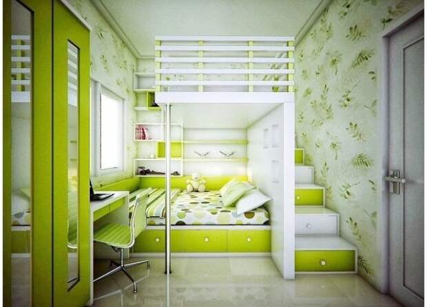 зелёный интерьер детской спальни для двух девочек