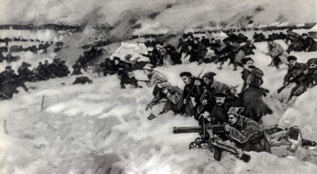Бой Красной Армии с немецкими оккупантами под Нарвой. Февраль 1918 г. С картины Н. Ломакина