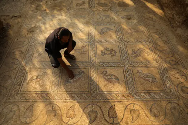 Это палестинский фермер чистит мозаичный пол Византийской эпохи, который он обнаружил, вспахивая свою землю