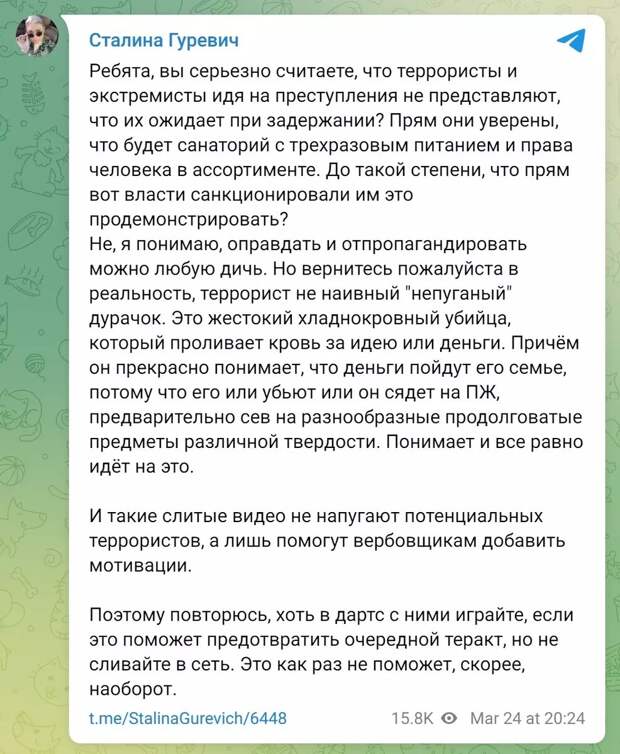 Публичное применение силы не напугает террористов. Фото: t.me/stalinagurevich