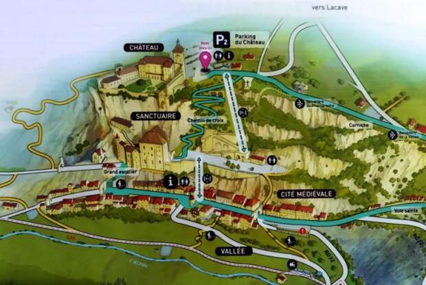 Структура древнего города Рокамадур и его главные туристические маршруты (Франция). | Фото: visit-dordogne-valley.co.uk.