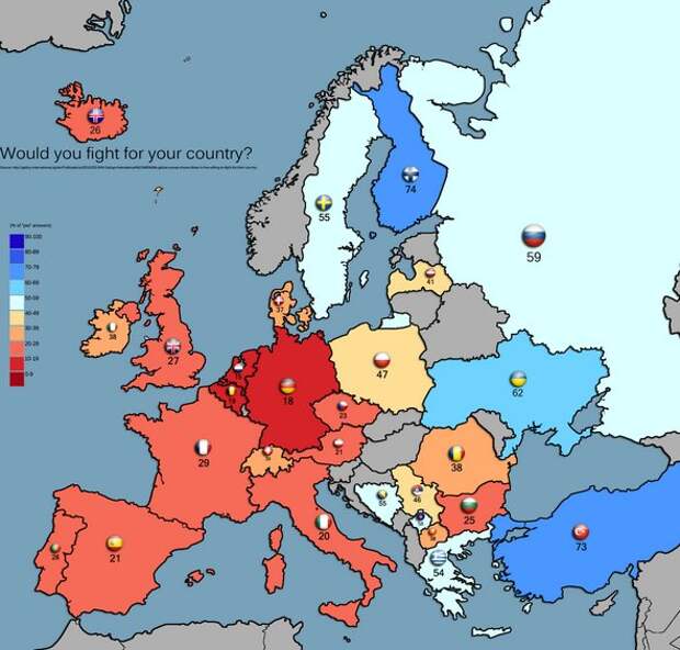 О патриотизме: процент населения в странах Европы, желающий воевать за свою страну
