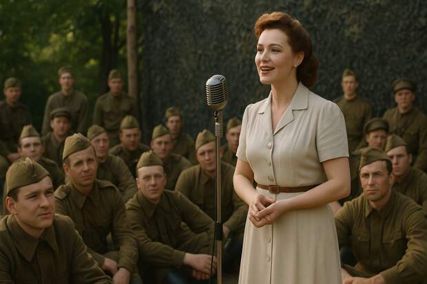 Фронт, 1943 год. Небольшая сцена прямо в полевом лагере. На сцене — Клавдия Шульженко в светлом платье с микрофоном, она поёт “Давай закурим”. Перед ней сидят советские солдаты.