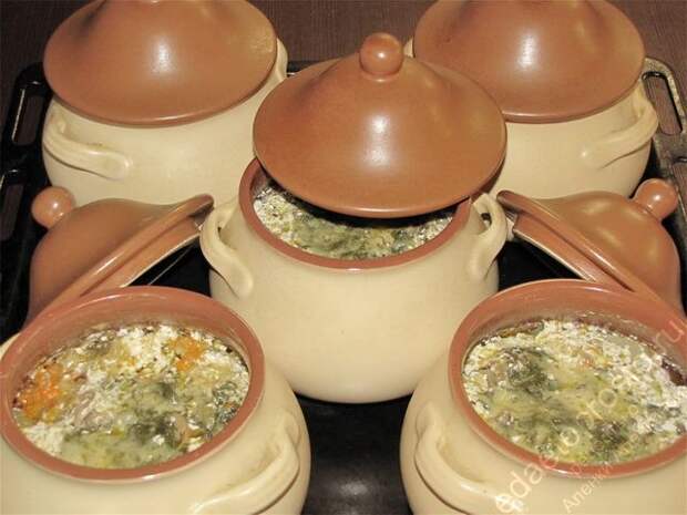 Картошка с мясом в горшочках. Готовить в разогретой духовке в течение одного часа