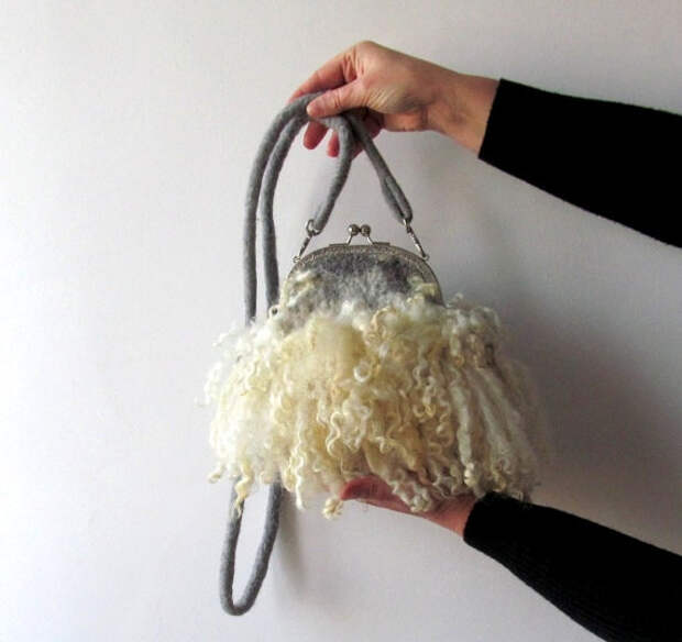Felted handbag Grey Fur curly locks purse raw wool