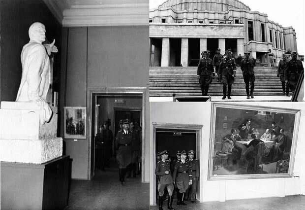 Минск, 16 августа 1941 г. Г. Гиммлер со своими приближенными в музее искусств и около оперного театра.