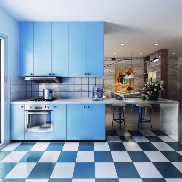 Кухня в голубой цветовой гамме выглядит очень стильно и оригинально.