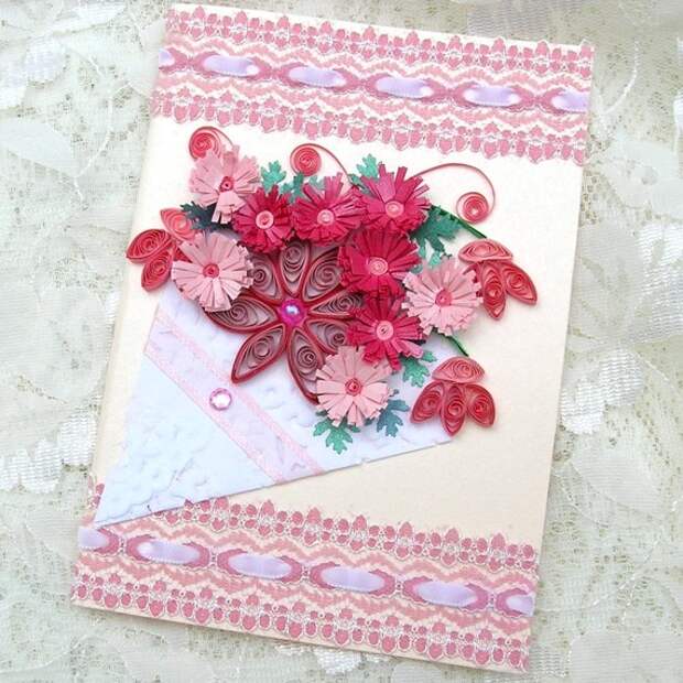 Paper Quilled Fringed Pink FLOWERS in a Paper Doily Cone Handmade Greeting Card by Enchanted Quilling on Etsy
