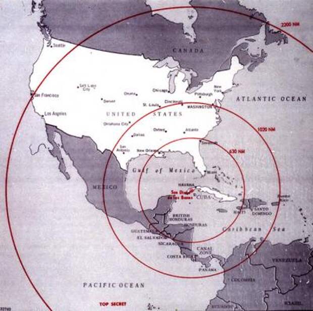 Зона возможного поражения советскими ракетами, размещенными на территории Кубы