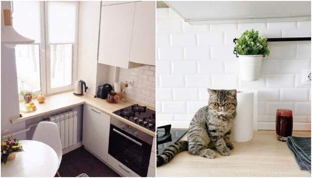 Столешница цвета светлого дерева с увеличенной рабочей поверхностью за счет подоконника – очень полезная находка в перераспределении пространства маленькой кухни. Столешница цвета светлого дерева с увеличенной рабочей поверхностью за счет подоконника – очень полезная находка в перераспределении пространства маленькой кухни.