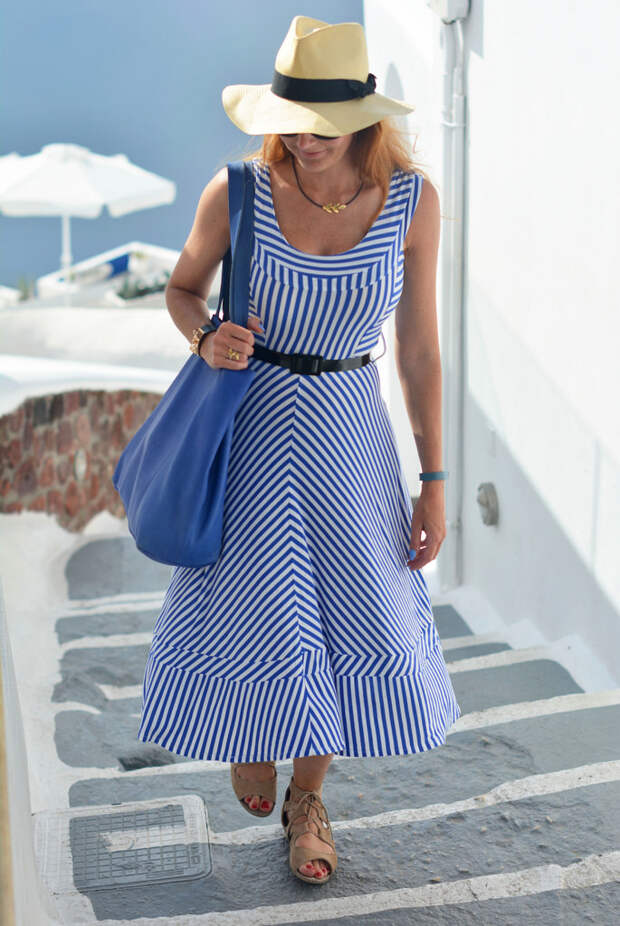 Blue and white striped dress in Santorini | Not Dressed As Lamb