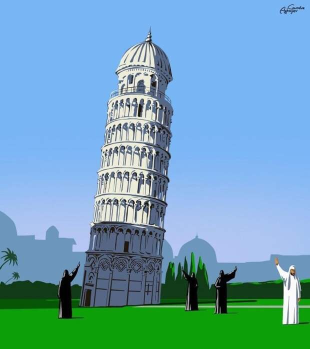 Пизанская башня, Абу-Пиза. европа, карикатуры, мусульмане, прикол