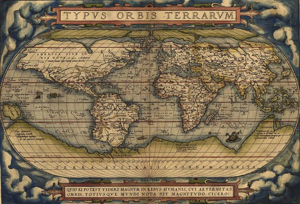 15. Карта мира, созданная Абрахамом Ортелием, автором первого в истории географического атласа современного типа, в 1564 году карта, мир