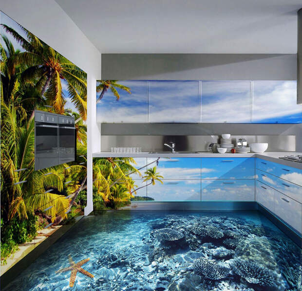 3D-полы, превращающие ванную комнату в океан  ванна, комната, наливной, пол