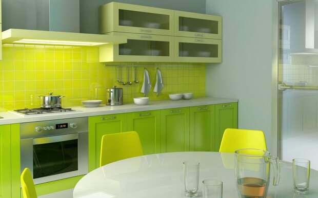kitchen green and white minimalist Minimalist Kitchen With Bright Colors Accents 1024x640 Дизайн фасадов кухонных шкафов 60 фото