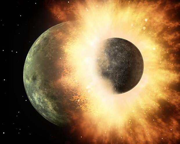 Художественное изображение лобового столкновения Земли и Тейи (NASA/JPL-Caltech, https://en.wikipedia.org).