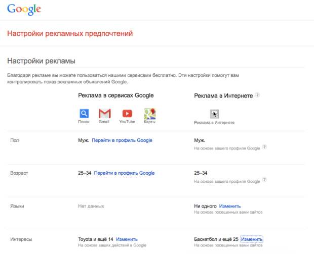 Настройки рекламных предпочтенийGoogle.