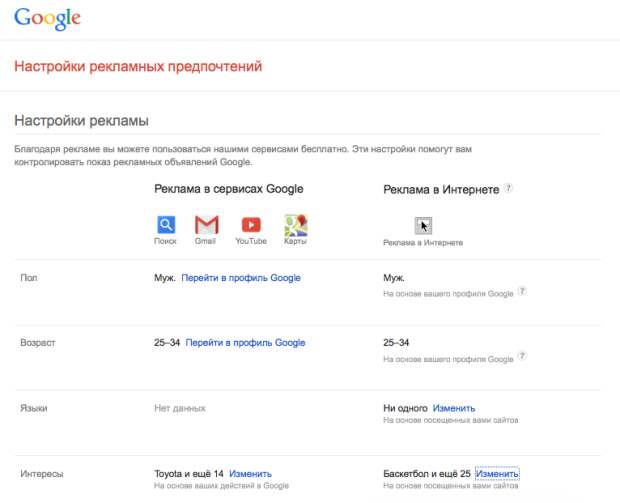 Настройки рекламных предпочтенийGoogle.