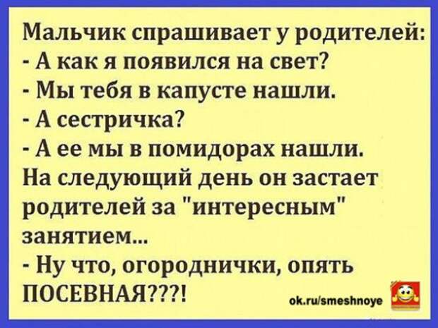 Муж, игриво: - И в кого ж это наш сынишка такой красивый?.. Муж, игриво: - И в кого ж это наш сынишка такой красивый?..