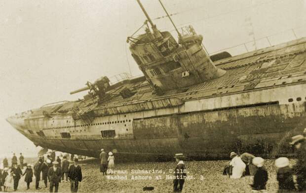 U-118, a World War One submarine washed ashore on the beach at Hastings, England