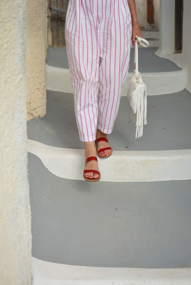 Vintage DVF pink and white striped jumpsuit, red sandals
