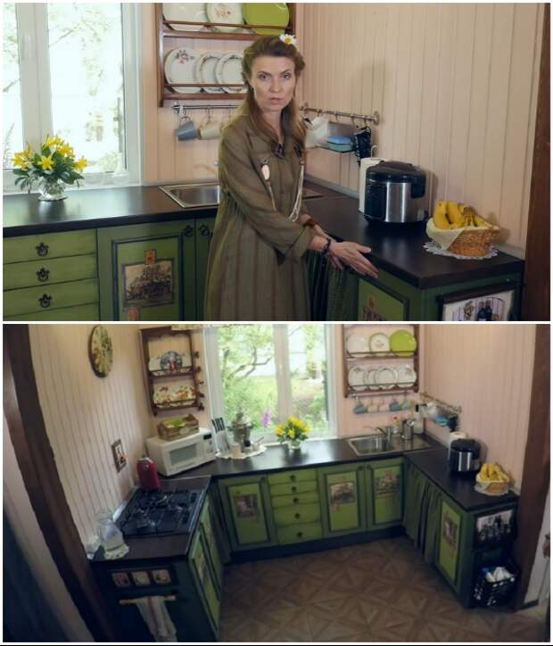 С помощью навесных шкафчиков старого мебельного гарнитура, установленных на пол, удалось создать П-образную кухню. | Фото: youtube.com/ © Новая Кухня Натали Нуво.