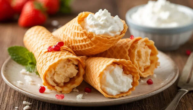 Десерт из нашего детства: готовим хрустящие вафельные рожки с нежным творожным кремом